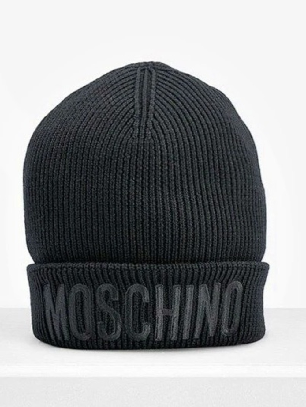 New Moschino Logo-Embroidered Ribbed Beanie Black Hat